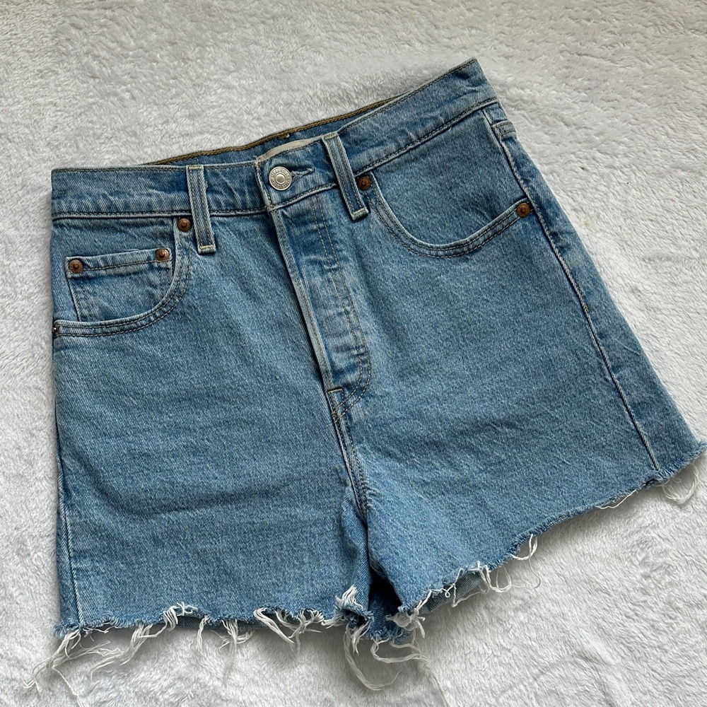 Levis Womens 25 High Rise Button Fly Cut Off Jean Shorts Raw Hem Big E Western